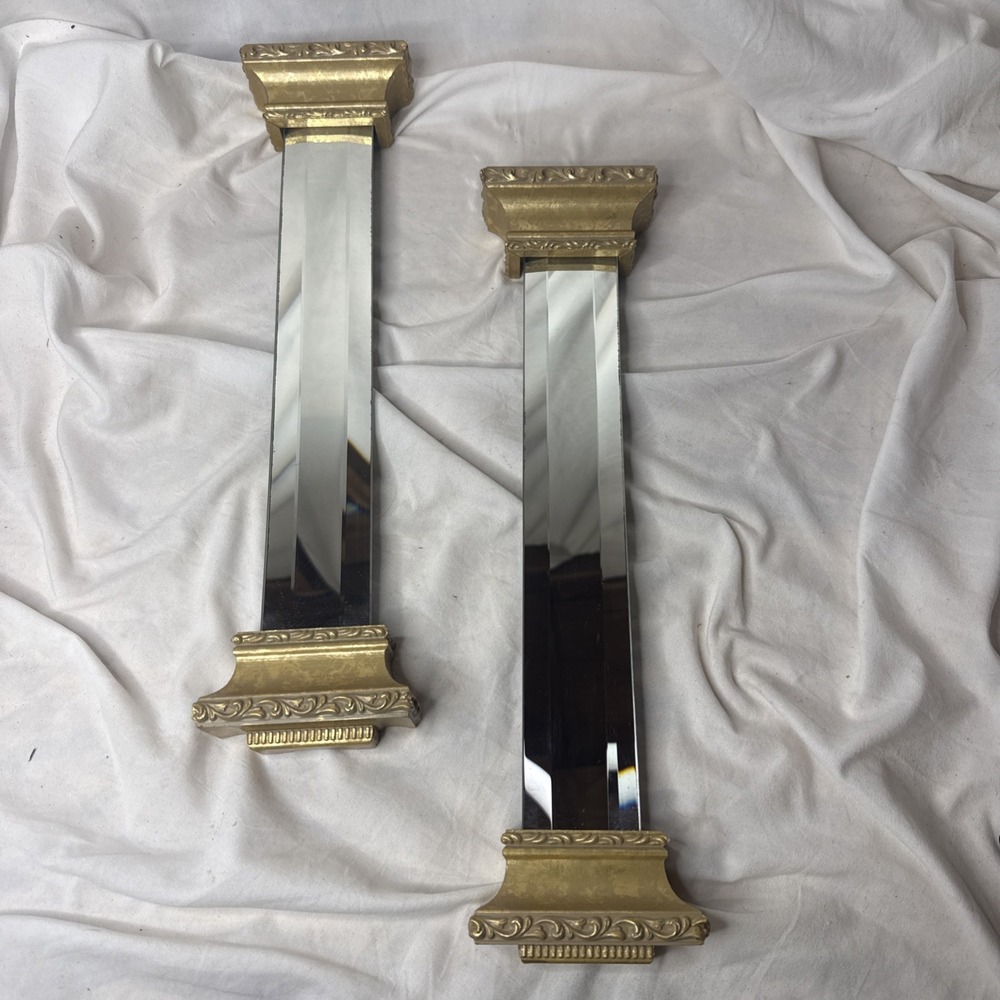 VTG Neoclassical Beveled Mirrored Gold Column Hollywood Regency MCM Pair Roman